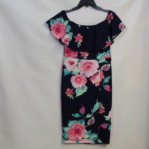Premier Amour Ruffle Neck Navy Pink Floral Midi With Gold Zipper Back